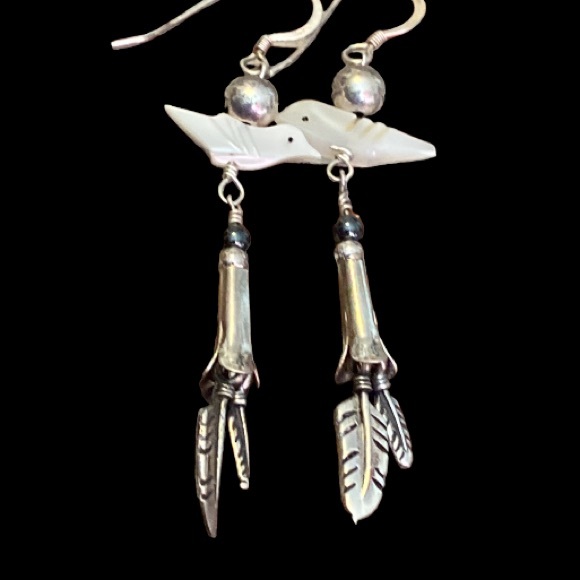 Masha Sterling Squash Blossom Feather Bird Earrings - Picture 1 of 5